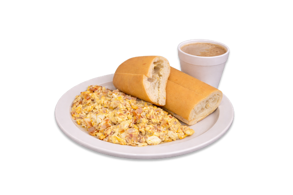 Scrambled with Ham, Coffee with Milk and Cuban Toast