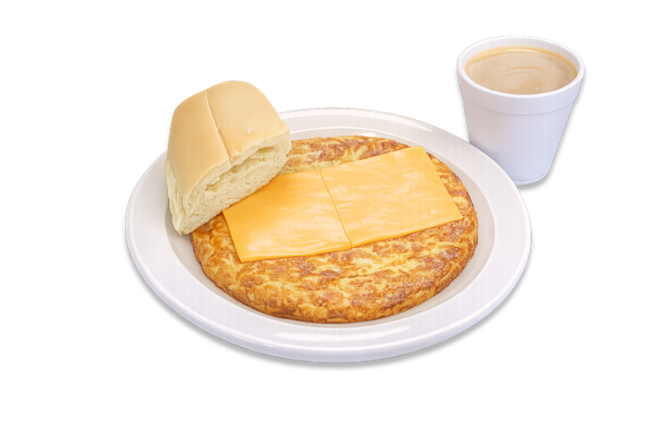 Ham and Cheese Omelet, Coffee with Milk, and Cuban Toast