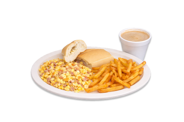2 Eggs Fried or Scrambled with Ham French Fries, Coffee with Milk, and Cuban Toast
