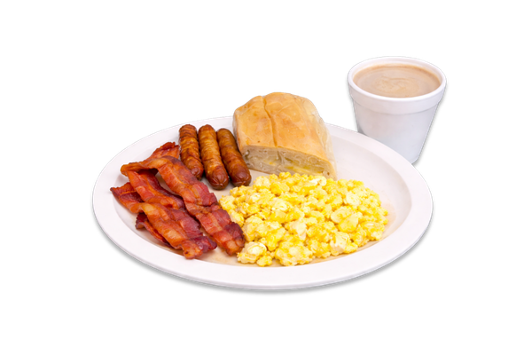 2 Eggs Fried or Scrambled with 2 Meats (Ham and Bacon), Coffee with Milk, and Cuban Toast