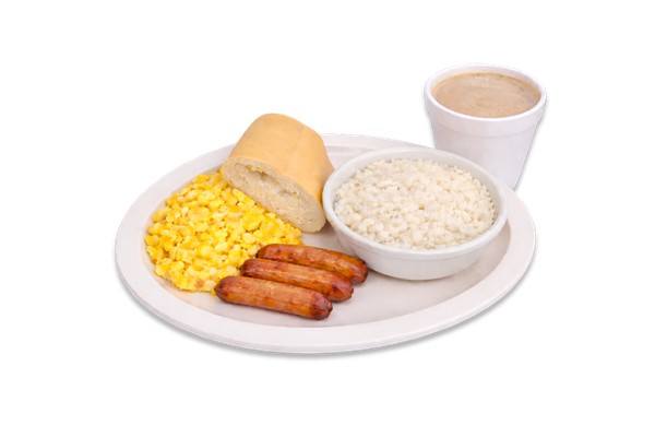 2 Eggs Fried or Scrambled with Sausage Grits, Coffee with Milk, and Cuban Toast