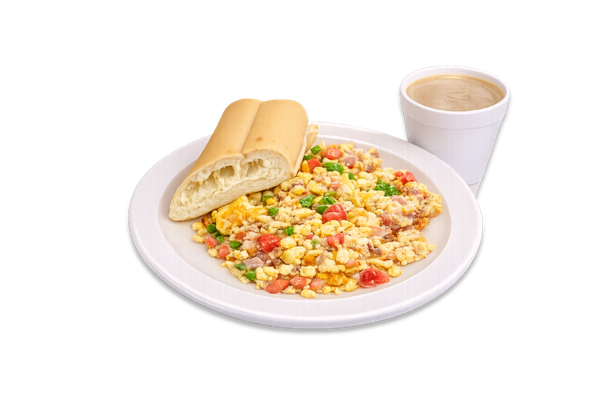 2 Scrambled Eggs with Ham and Vegetables, Coffee with Milk, and Cuban Toast