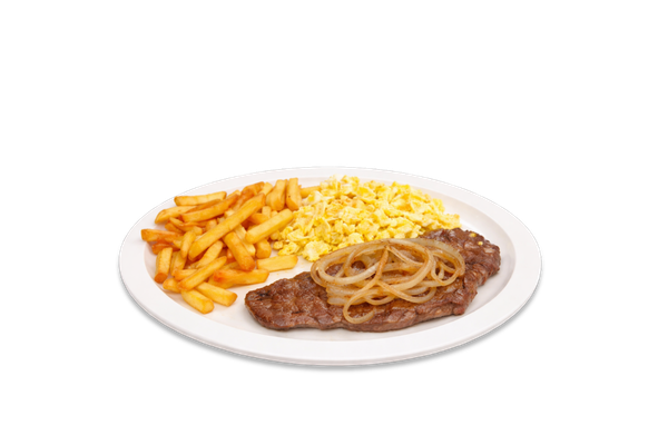 Steak, French Fries, 2 Eggs Fried or Scrambled