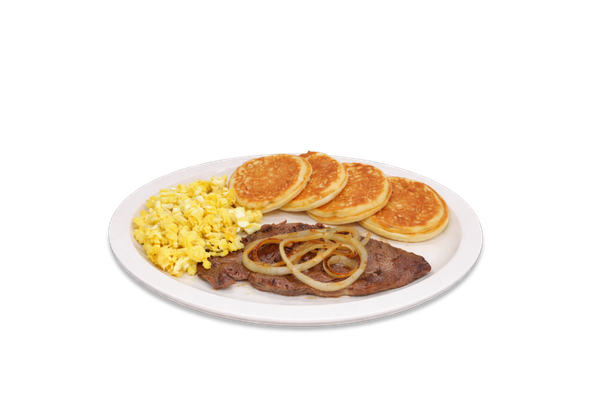 Steak, Waffles or Pancakes and 2 Eggs Fried or Scrambled