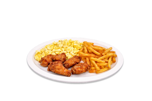 5 Chicken Wings, French Fries & 2 Eggs Fried or Scrambled