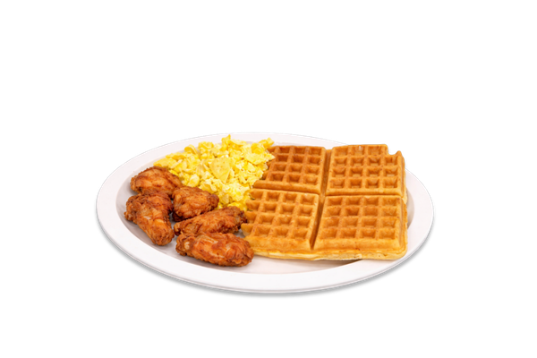 5 Chicken Wings, Waffles or Pancakes & 2 Eggs Fried or Scrambled