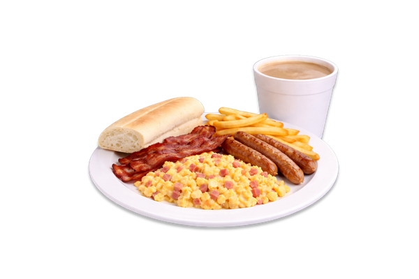 2 Eggs Scrambled with Ham, Bacon Sausage, French Fries, Toast & Coffee with Milk