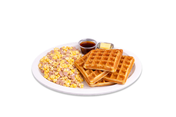 2 Eggs Fried or Scrambled with Ham, and Waffles or Pancakes