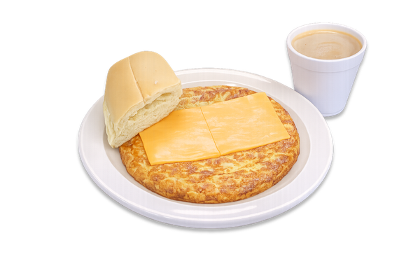 Spanish Omelet (Ham, Tomatoes, Green Peppers, Onions and Julianne Fries), Coffee with Milk, and Cuban Toast