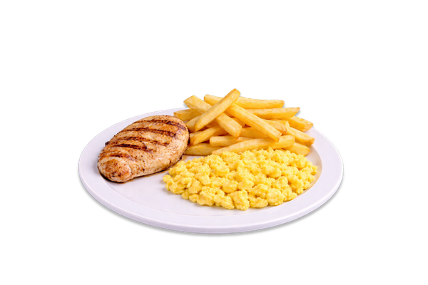 Grilled Chicken Breast, French Fries and 2 Eggs Fried or Scrambled