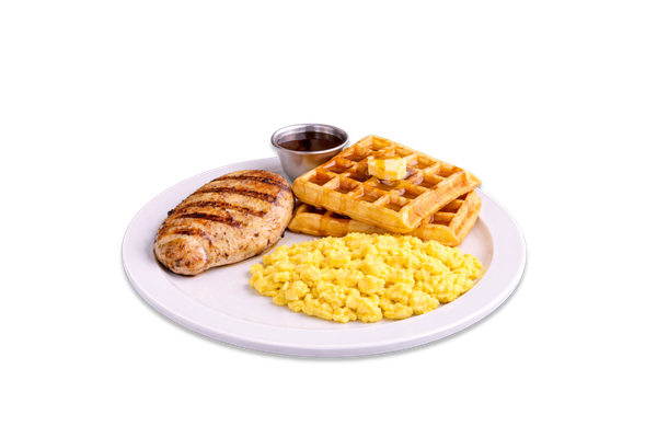 Grilled Chicken Breast, Waffles or Pancakes And 2 Eggs Fried or Scrambled