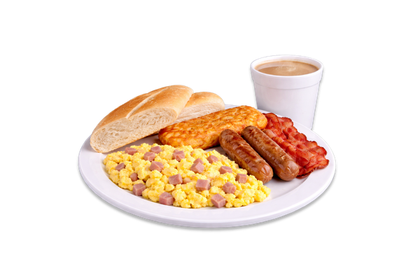 2 Eggs Scrambled with Ham, Bacon Sausage, Hash Brown Toast & Coffee with Milk
