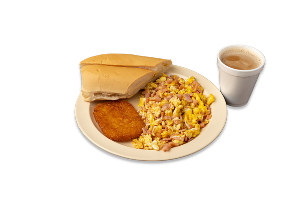 2 Eggs Fried or Scrambled with Ham, and Hash Brown, Coffee with Milk, and Cuban Toast