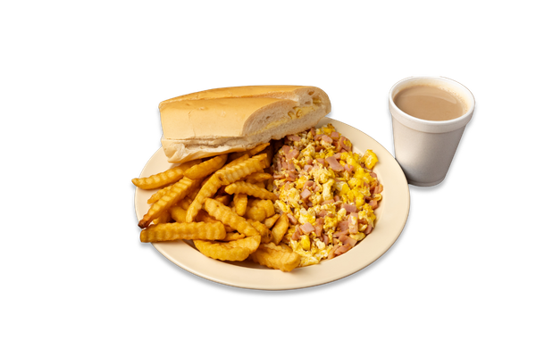 2 Eggs Fried or Scrambled with Ham French Fries, Coffee with Milk, and Cuban Toast