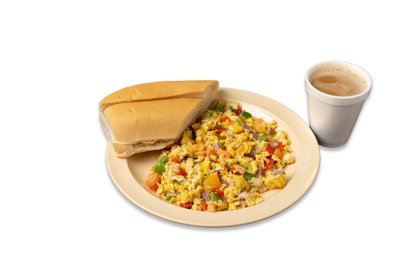 2 Scrambled Eggs with Vegetables, Coffee with Milk, and Cuban Toast