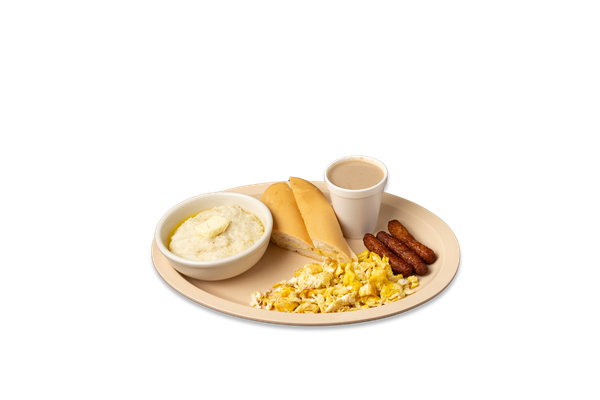 2 Eggs Fried or Scrambled with Sausage Grits, Coffee with Milk, and Cuban Toast