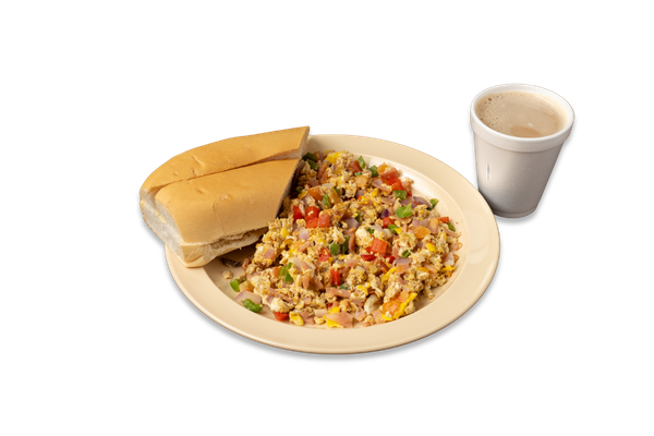 2 Scrambled Eggs with Ham and Vegetables, Coffee with Milk, and Cuban Toast