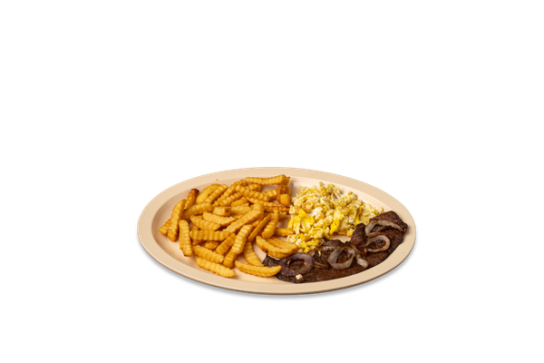 Steak, French Fries, 2 Eggs Fried or Scrambled