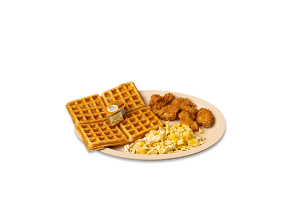 5 Chicken Wings, Waffles or Pancakes & 2 Eggs Fried or Scrambled
