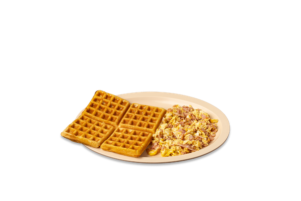 2 Eggs Fried or Scrambled with Ham, and Waffles or Pancakes