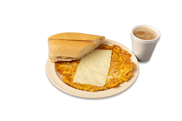 Ham and Cheese Omelet, Coffee with Milk, and Cuban Toast