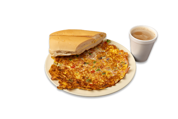 Spanish Omelet (Ham, Tomatoes, Green Peppers, Onions and Julianne Fries), Coffee with Milk, and Cuban Toast