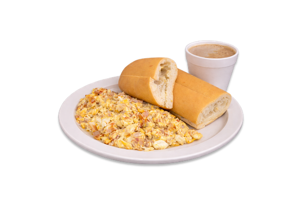 Scrambled with Ham, Coffee with Milk and Cuban Toast