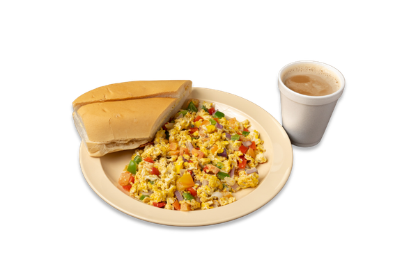 2 Scrambled Eggs with Vegetables, Coffee with Milk, and Cuban Toast