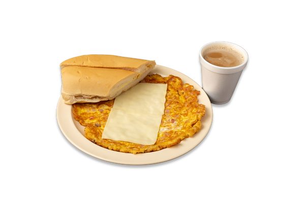 Ham and Cheese Omelet, Coffee with Milk, and Cuban Toast