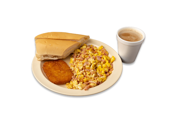 2 Eggs Fried or Scrambled with Ham, and Hash Brown, Coffee with Milk, and Cuban Toast