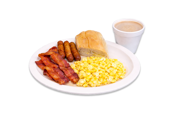 2 Eggs Fried or Scrambled with 2 Meats (Ham and Bacon), Coffee with Milk, and Cuban Toast