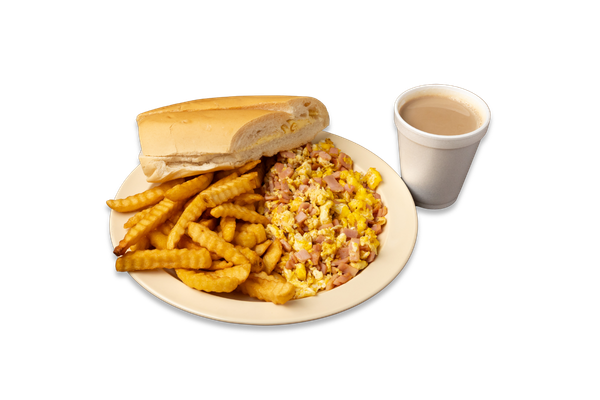 2 Eggs Fried or Scrambled with Ham French Fries, Coffee with Milk, and Cuban Toast
