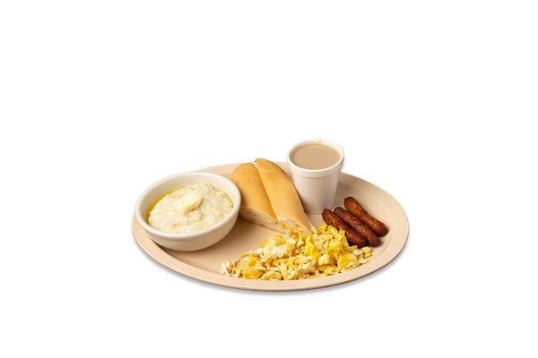 2 Eggs Fried or Scrambled with Sausage Grits, Coffee with Milk, and Cuban Toast