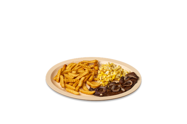 Steak, French Fries, 2 Eggs Fried or Scrambled