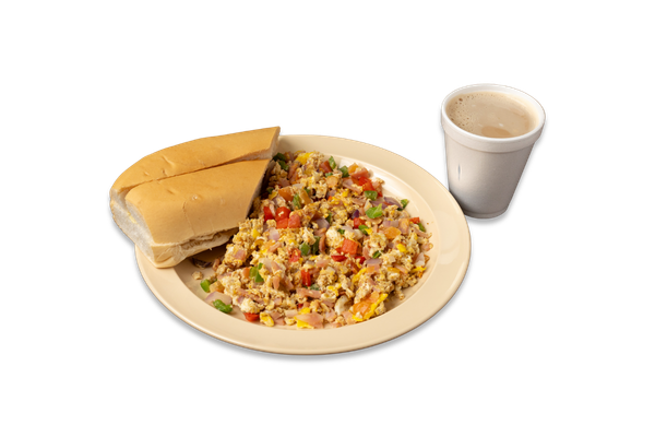2 Scrambled Eggs with Ham and Vegetables, Coffee with Milk, and Cuban Toast