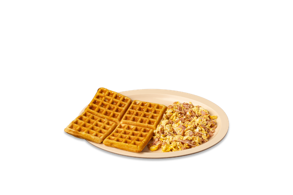 2 Eggs Fried or Scrambled with Ham, and Waffles or Pancakes