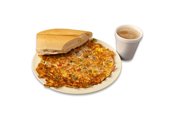 Spanish Omelet (Ham, Tomatoes, Green Peppers, Onions and Julianne Fries), Coffee with Milk, and Cuban Toast