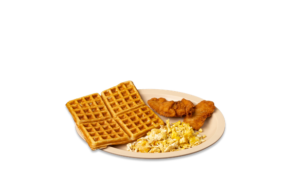 Grilled Chicken Breast, Waffles or Pancakes And 2 Eggs Fried or Scrambled