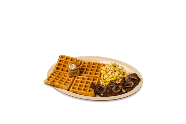 Steak, Scrambled Eggs & Waffles