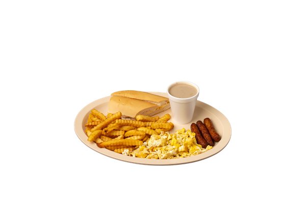 Scrambled Eggs, Sausage, French Fries, Cuban Toast & Coffee with Milk