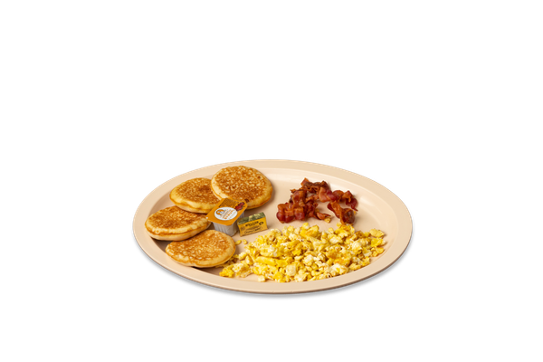 Scrambled Eggs, Bacon & Pancakes