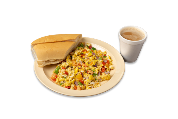 2 Scrambled Eggs with Vegetables, Coffee with Milk, and Cuban Toast
