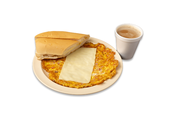 Ham and Cheese Omelet, Coffee with Milk, and Cuban Toast