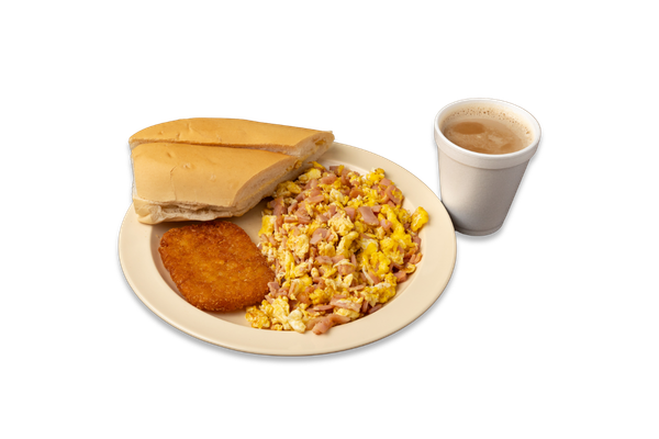 2 Eggs Fried or Scrambled with Ham, and Hash Brown, Coffee with Milk, and Cuban Toast