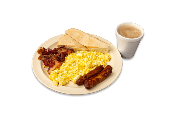2 Eggs Fried or Scrambled with 2 Meats (Ham and Bacon), Coffee with Milk, and Cuban Toast