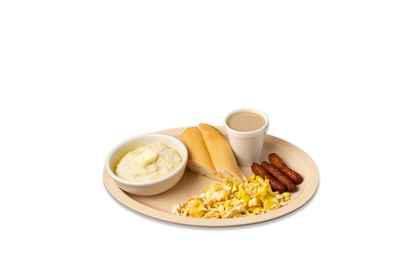 2 Eggs Fried or Scrambled with Sausage Grits, Coffee with Milk, and Cuban Toast