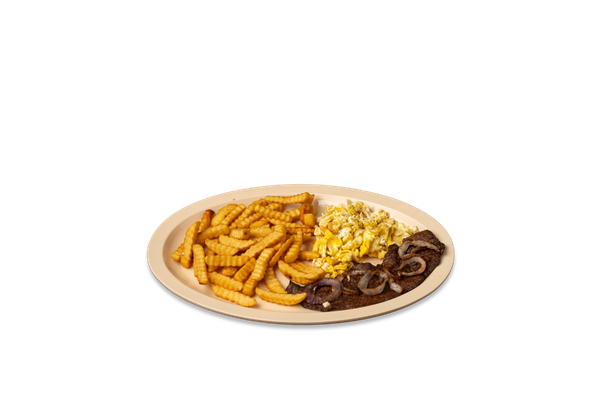 Steak, French Fries, 2 Eggs Scrambled