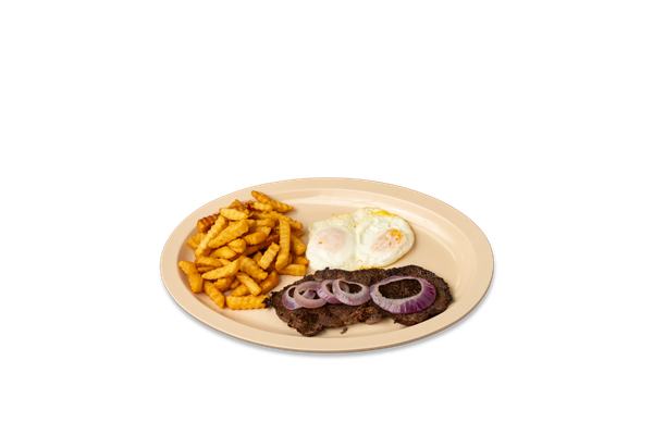Steak, Waffles or Pancakes and 2 Eggs Fried or Scrambled