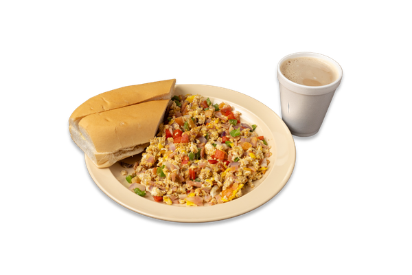 2 Scrambled Eggs with Ham and Vegetables, Coffee with Milk, and Cuban Toast