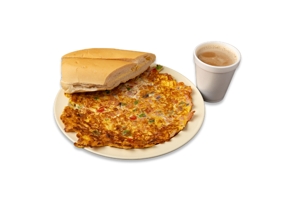 Spanish Omelet (Ham, Tomatoes, Green Peppers, Onions and Julianne Fries), Coffee with Milk, and Cuban Toast